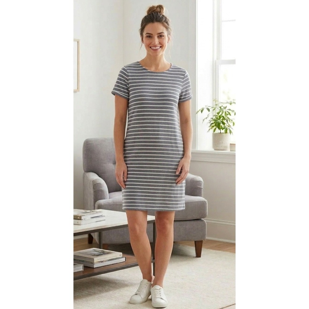 Sail to Sable T-Shirt Dress Womens Large Gray White Striped Short Sleeve Zipper